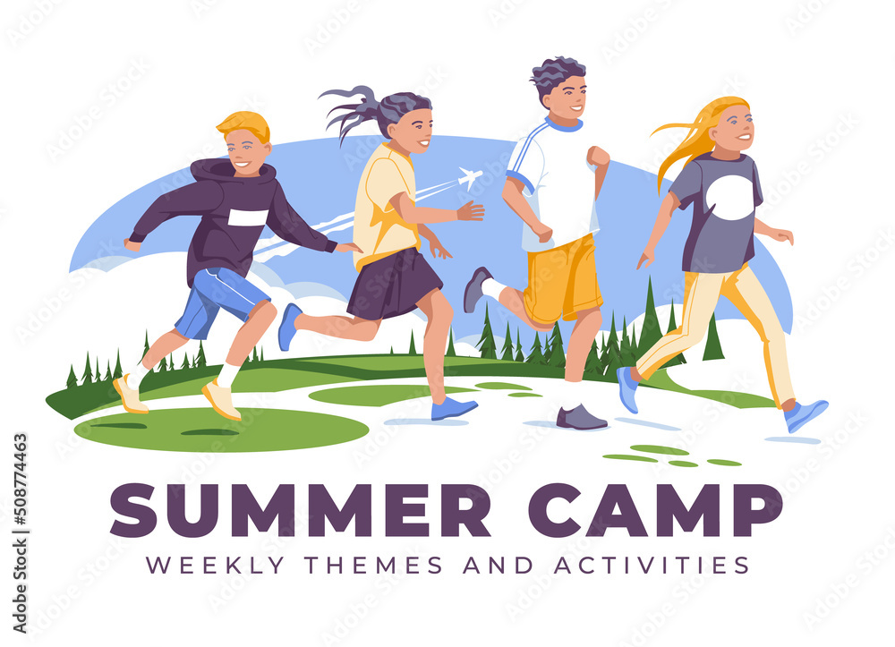Summer camp for schoolchildren. Happy children running and jumping on the background of an open field with coniferous forest and sky. Flat vector illustration