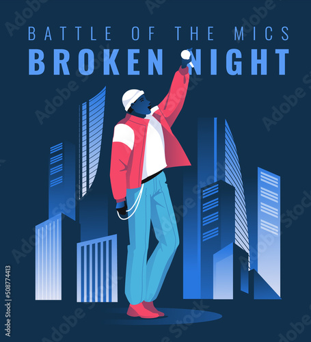 Hip hop artist on a background of dark night city with skyscrapers. Flat vector illustration