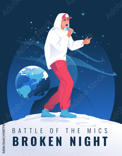 Hip hop artist on a background of starry sky, cosmic landscape, earth and planets standing on the surface of the moon. Nightclub. Flat vector illustration