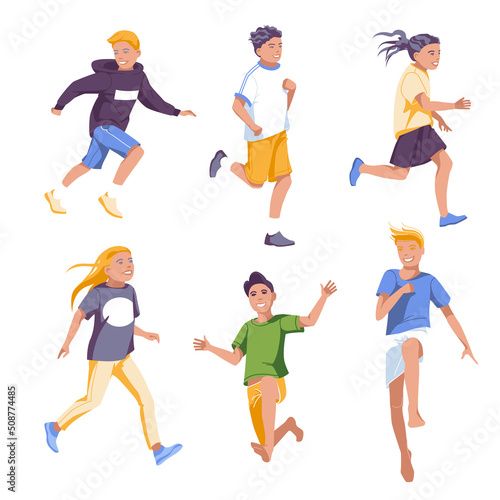Happy school kids holiday set. Running and jumping characters isolated on white background. Flat vector illustration