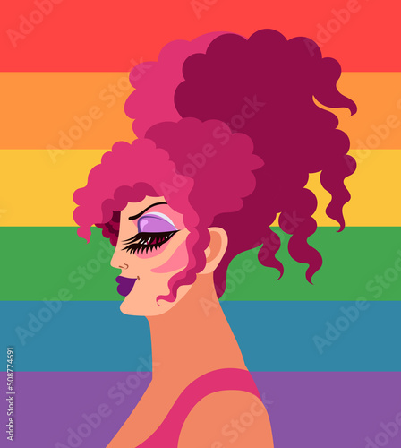 beautiful drag queen with make up and pride flag