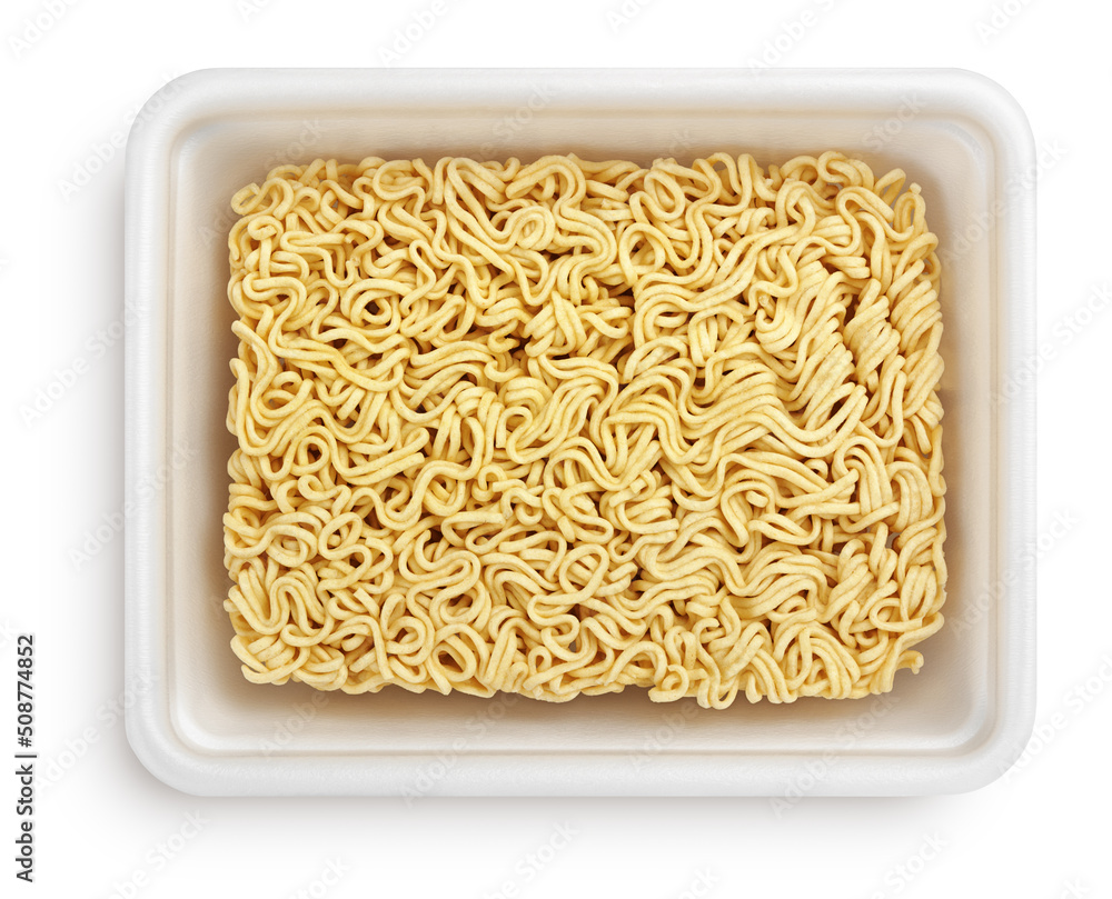 Instant noodles in white plastic plate or styrofoam food container isolated on white background with clipping path Instant noodles in white plastic plate or styrofoam food container isolated on white background with clipping path