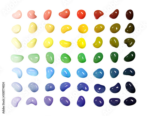 Realistic vector 3D shapes isolated on white background. Set of glossy multicolored drops of paint or varnish
