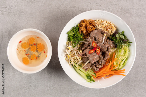 Bun Bo Hue, Bun Bo, Vietnamese beef noodle soup spicy. bowl of beef and rice vermicelli soup, vietnamese noodle cuisine in Hue