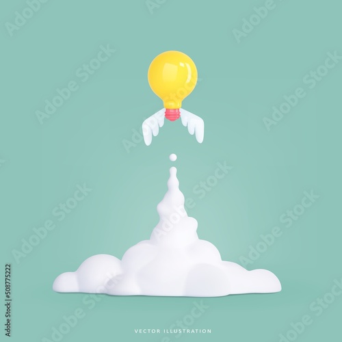 Business startup and business growth concept. 3d render flying light bulb is like a rocket. Creative concept idea. Vector illustration