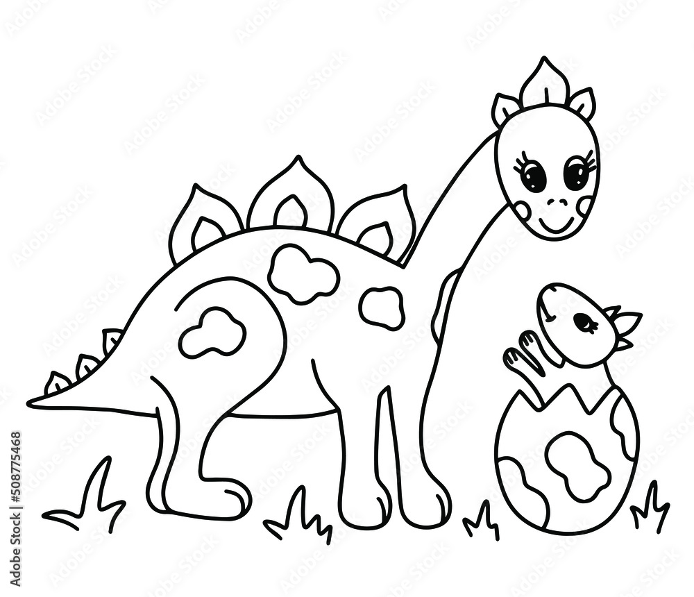 Fototapeta premium Coloring book page with cute dinosaur mom and baby in egg