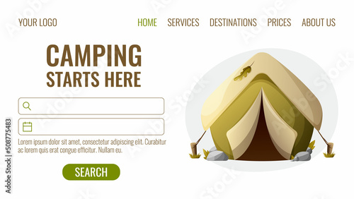 Camping, tourist tent, vector illustration, cartoon style. Concept of travel, trip, camper, journey, outdoor recreation in summer. Design for website, banner, poster.