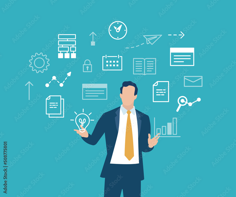 Business Excellence. Businessman manages icons levitating in front of him. Business vector illustration Business Excellence. Businessman manages icons levitating in front of him. Business vector illustration