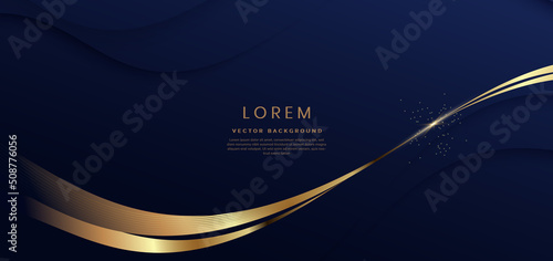 Abstract 3d dark blue background with ribbon gold lines curved wavy sparkle with copy space for text. Luxury style template design.