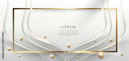 Abstract 3d gold curved white ribbon on grey background with bll lighting effect and sparkle with copy space for text. Luxury frame design style. photo