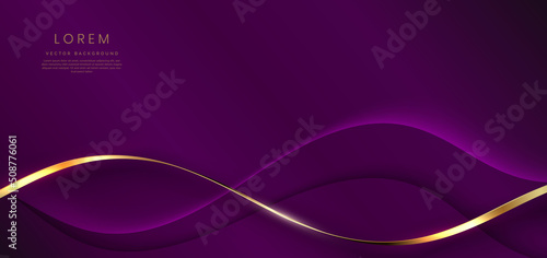 Abstract 3d curved violet and gold ribbon on violet background with lighting effect copy space for text. Luxury design style.