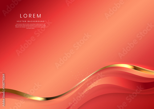 Abstract 3d gold curved ribbon on soft red background with lighting effect and sparkle with copy space for text. Luxury design style.