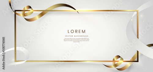 Abstract 3d gold curved ribbon on white background with lighting effect and sparkle with copy space for text. Luxury frame design style.