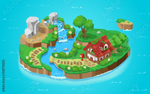 Isometric 3d fantastic islands, details for gui, game design. Cartoon illustration of nature landscape, wooden house villa, small river, waterfall and boulders.