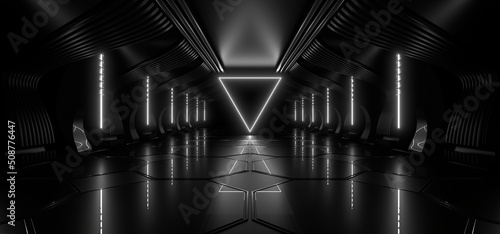 Obraz na płótnie A dark tunnel lit by white neon lights. Reflections on the floor and walls. 3d rendering image. w salonie