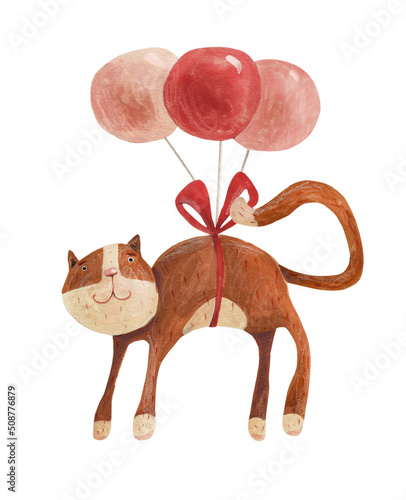 Cat on balloons. Watercolor illustration, hand drawn © Julia Wegener