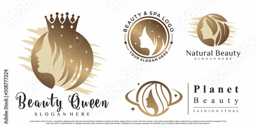 Set of beauty queen logo design with woman face illustration for salon Premium Vector