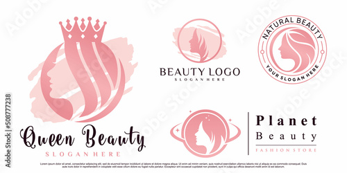 Set of beauty queen logo design with woman face illustration for salon Premium Vector