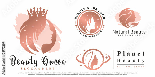 Set of beauty queen logo design with woman face illustration for salon Premium Vector