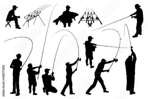 Valokuvatapetti Fishing vector silhouette. Carp feeder fisherman illustration