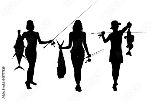 Fishing sexy girl vector silhouette. Spinning fisherwoman illustration