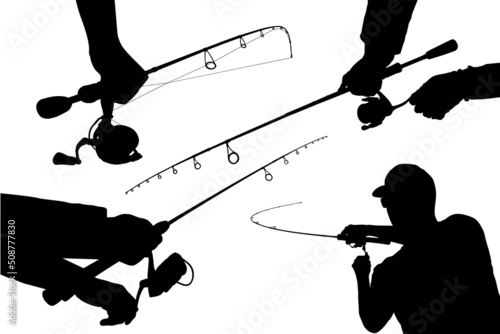Fishing vector silhouette. Illustration of spinning tackle in fisherman hands