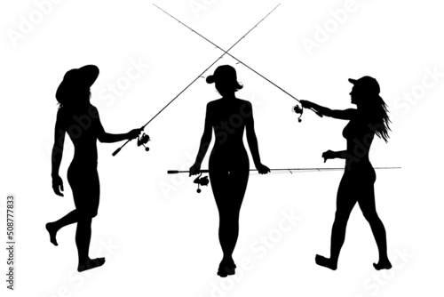 Fishing sexy girl vector silhouette. Spinning fisherwoman illustration