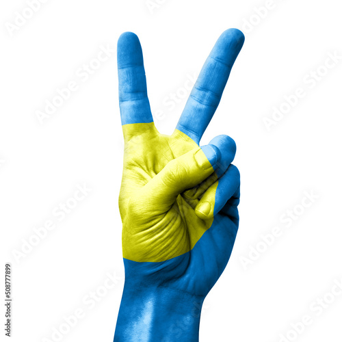 Hand making the V victory sign with flag of palau