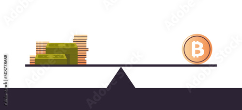 Coins stack and cryptomoney balancing on scale finance concept flat vector illustration.