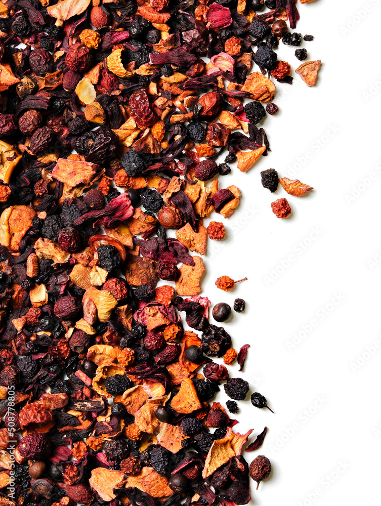 Mix of fruit pieces, berries and Sudanese rose petals(karkade) on white background. Top view. Close up. High resolution Mix of fruit pieces, berries and Sudanese rose petals(karkade) on white background. Top view. Close up. High resolution