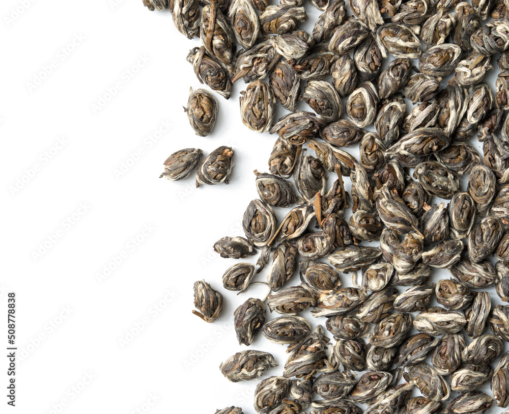 Eye of the Phoenix. Elite Green tea Feng Yan isolsted on white background. Top view. Close up. High resolution Eye of the Phoenix. Elite Green tea Feng Yan isolsted on white background. Top view. Close up. High resolution