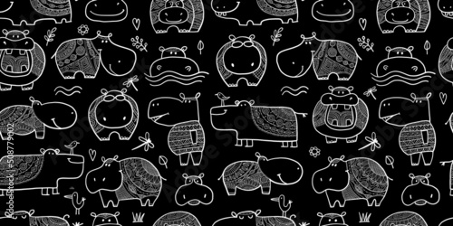 Hippopotamus family, cute hippo characters. Seamless Pattern Background for your design