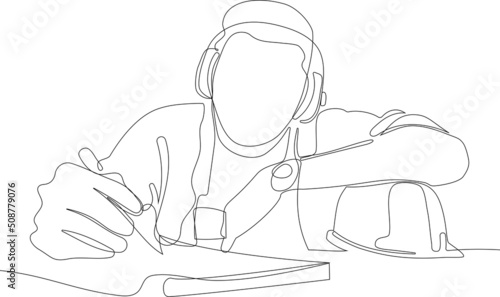 Close up of young Caucasian smiling worker with helmet on head using tablet for work while standing in warehouse. Vector illustration