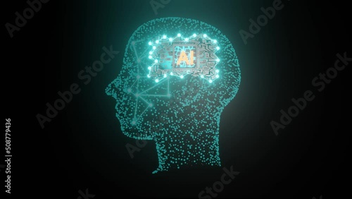 Artificial intelligence in humanoid head with  AI  digital brain is learning processing chip