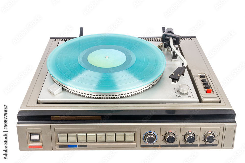 Fototapeta premium Vintage turntable record player with turquoise vinyl