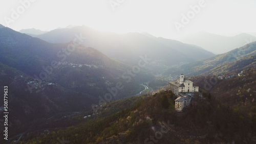 Aerial view of Sanctuary of Saint Ignatius of Loyola situated in the Lanzo Valleys in Italy. Tourist attraction and famous place of pilgrimage in Province of Turin, Piedmont region.
