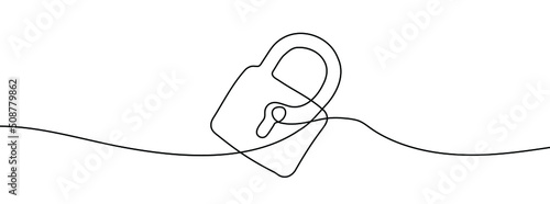 Continuous line drawing of padlock. Lock linear icon. One line drawing background. Vector illustration. Lock continuous line icon.