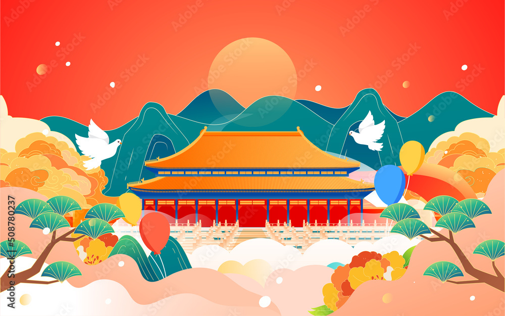 Landscape of traditional ancient buildings with mountains and clouds in the background, vector illustration