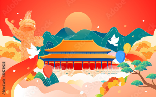 Landscape of traditional ancient buildings with mountains and clouds in the background  vector illustration