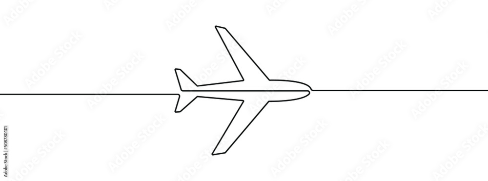 Continuous line drawing of airplane icon. Aircraft linear icon. One line drawing background. Vector illustration. Airplane continuous line icon - obrazy, fototapety, plakaty 