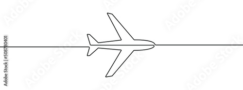 Continuous line drawing of airplane icon. Aircraft linear icon. One line drawing background. Vector illustration. Airplane continuous line icon