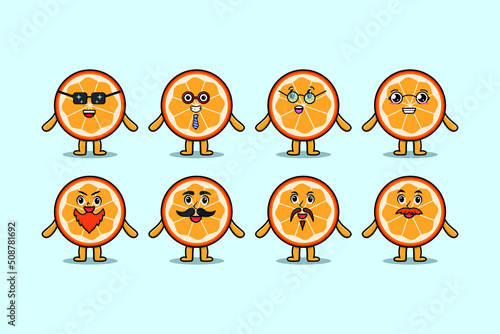Set kawaii orange fruit cartoon character with different expressions of cartoon face vector illustrations