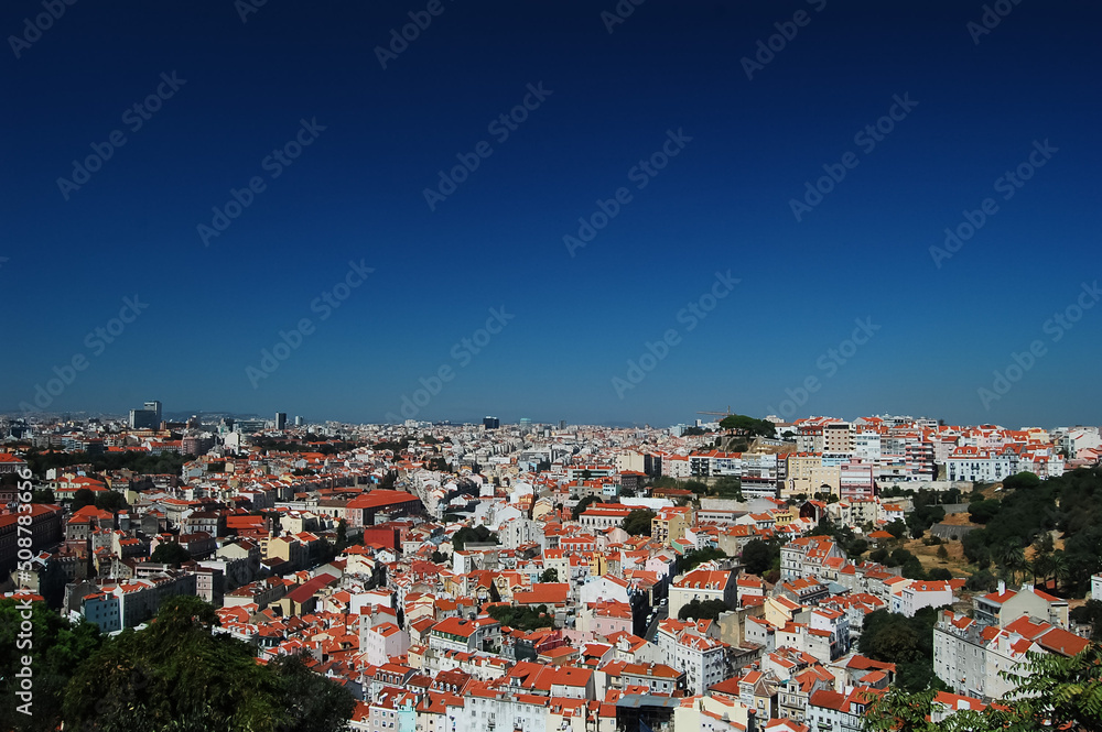 Aerial view of Lisbon skyline with clear blue sky