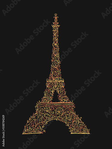 Stylized Eiffel Tower landmark in Paris, . Floral Ornament. Sketch for your d...