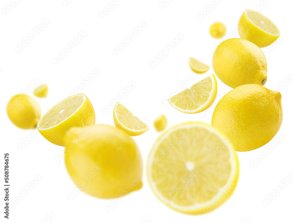 Flying lemon fruits, isolated on white background Flying lemon fruits, isolated on white background