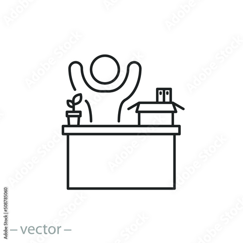 new job icon, happy person on workplace, first working day for company employee, thin line symbol on white background - editable stroke vector illustration