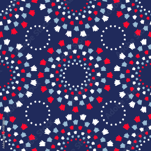 Seamless vector pattern with artistic circle on blue background. Simple abstract tribal wallpaper texture. Decorative Aztec fashion textile.