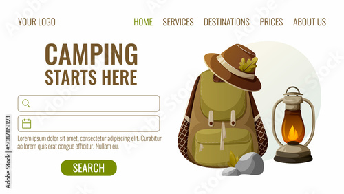 Camping, tourist backpack, hat, kerosene lamp, vector illustration, cartoon style. Concept of travel, journey, outdoor recreation in summer. Design for website, banner, poster.