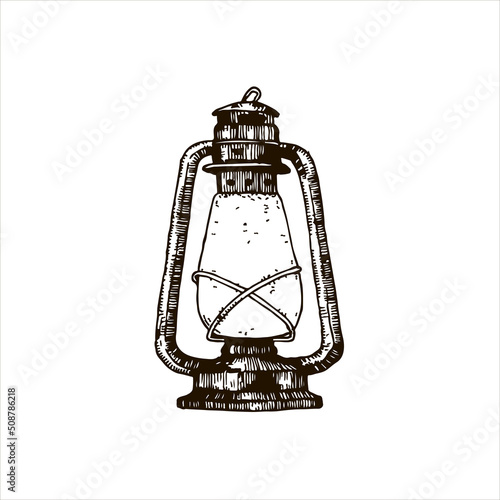Vector, hand drawn vintage kerosene lamp. Oil lantern sketch.