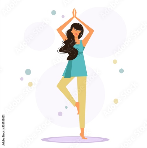 Pretty brunette woman doing yoga in tree pose. Young woman practicing yoga in vrksana pose. Girl working out in fitness club or gym, Active healthy lifestyle, cartoon vector isolated flat design.
